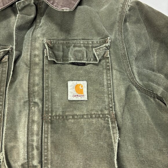 Carhartt Mens Duck Canvas Jacket Green Sz L Corduroy Collar Distressed Thrashed - Picture 7 of 10